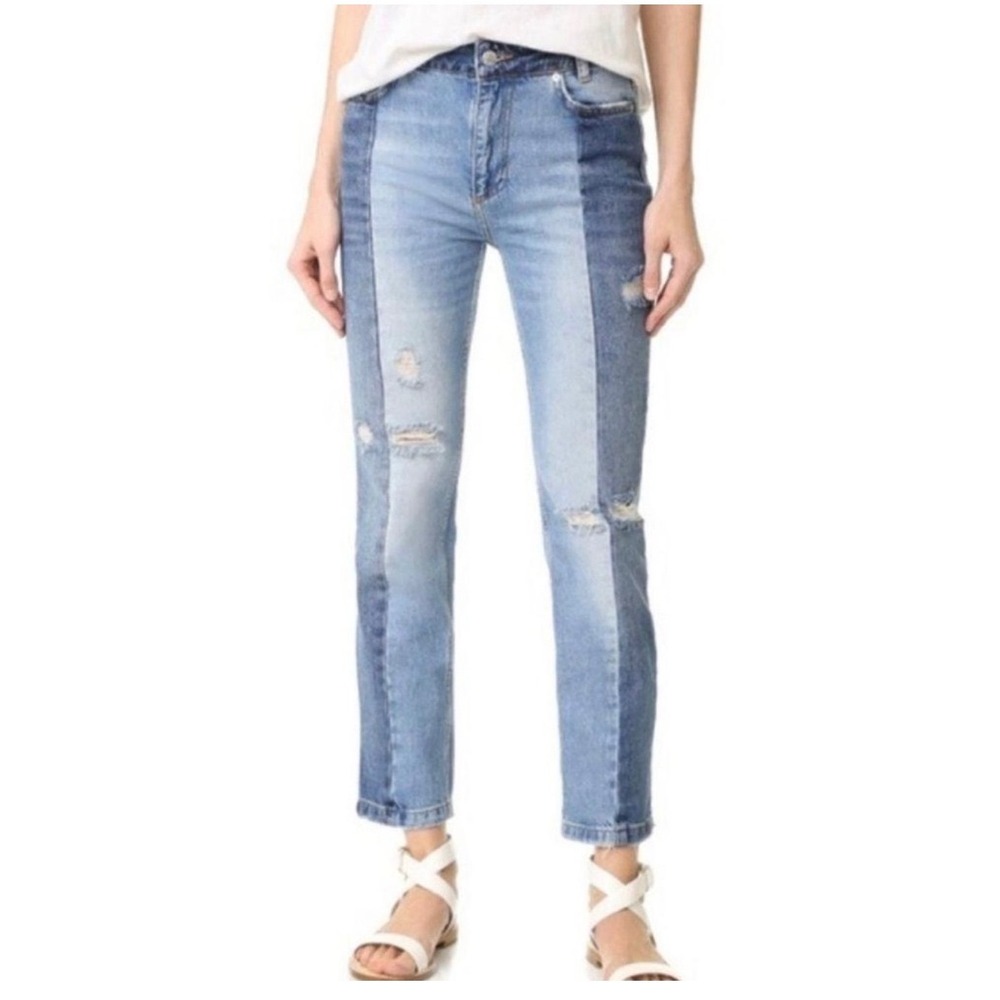 Free People Two Tone Distressed Straight Leg Jeans Blue Patchwork W25 OB618555